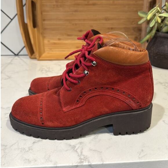 Alp Trend Red Leather trim Suede Lace Up Ankle Boots Sherpa lined size 8.5 - Picture 1 of 9